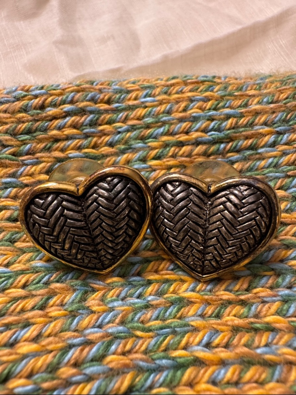 Heart Shaped Woven Metal Earrings in Antique Silver and Gold Tone